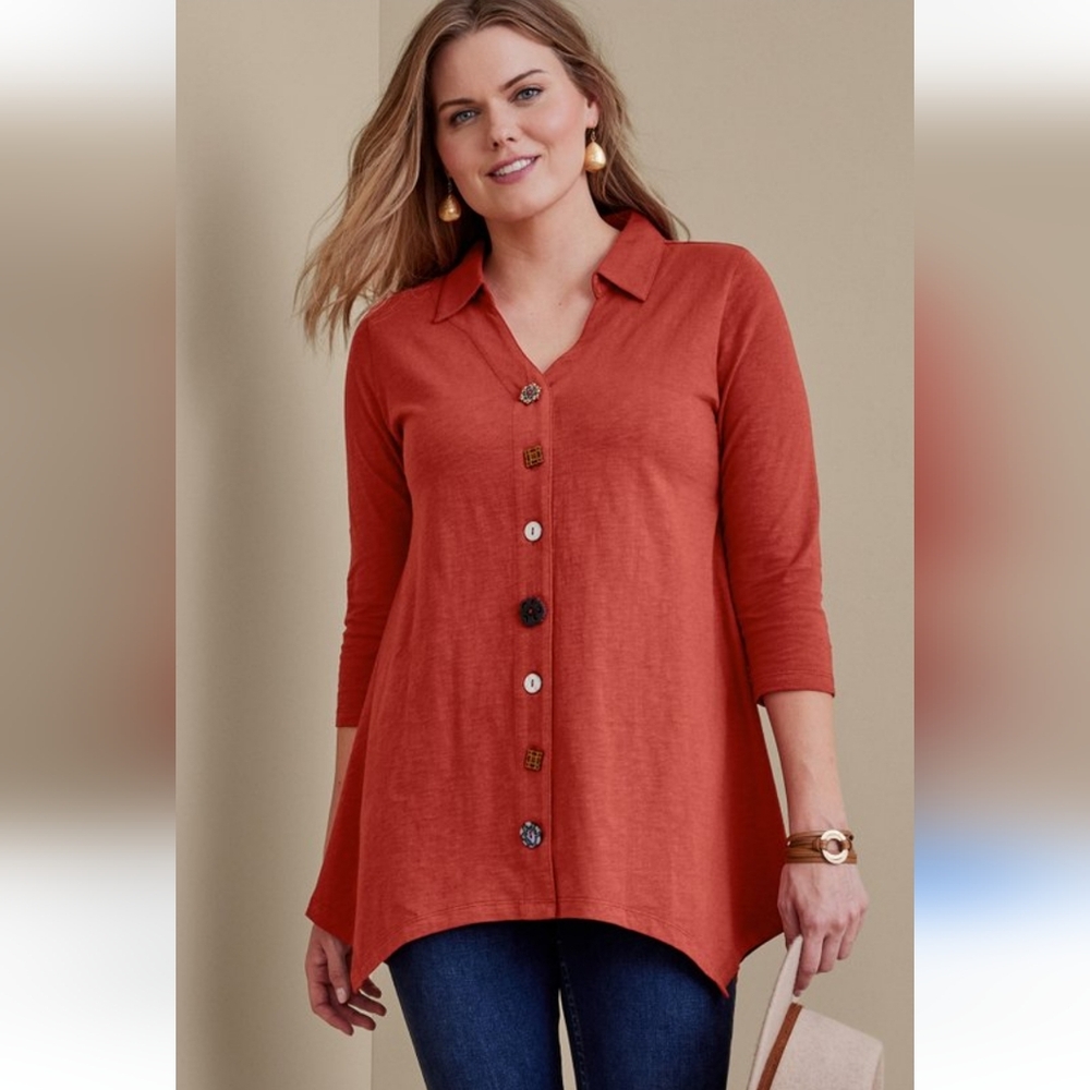 Soft Surroundings Womens Daniella Ecclectic Buttondown Shirt Size Medium Petite